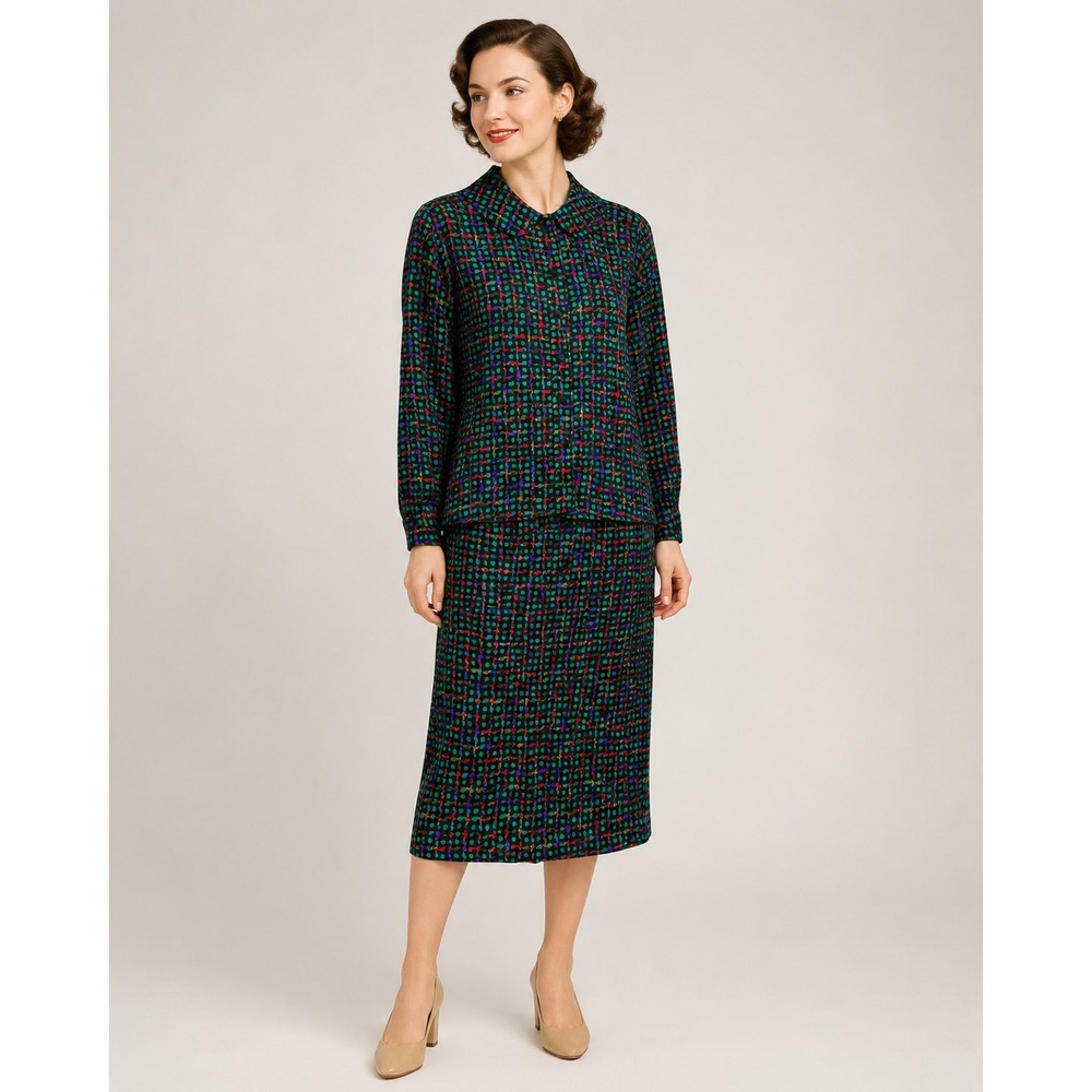 Argenti Button Front Blouse Skirt Set‎ Womens 10 Green Satin Pockets Vintage